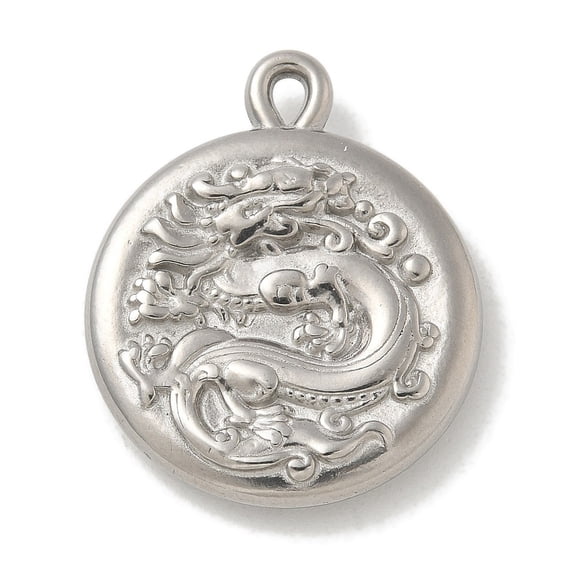 20pcs 304 Stainless Steel Pendants Flat Round with Dragon Charms Stainless Steel color 23.5x19.5x4.5mm Hole: 1x2mm