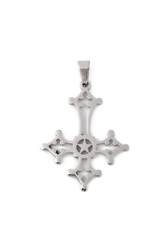 20pcs 304 Stainless Steel Pendants Upside Down Cross with Star Charm Stainless Steel color 37.5x29.5x1.5mm Hole: 7.5x3.5mm
