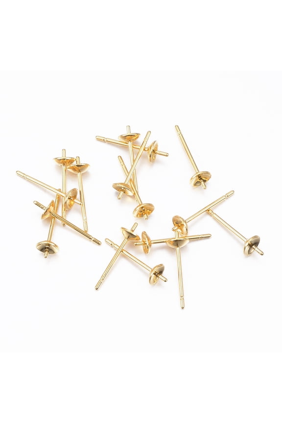 20pcs 304 Stainless Steel Post Stud Earring Settings For Half Drilled Bead Golden 13.5x4mm Tray: 3.5mm Pin: 0.8mm