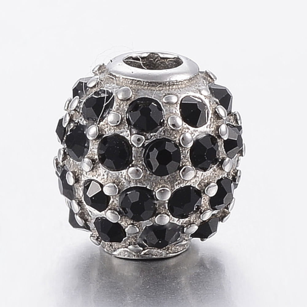 20pcs 304 Stainless Steel Rhinestone Beads Round Black 10mm Hole: 3mm