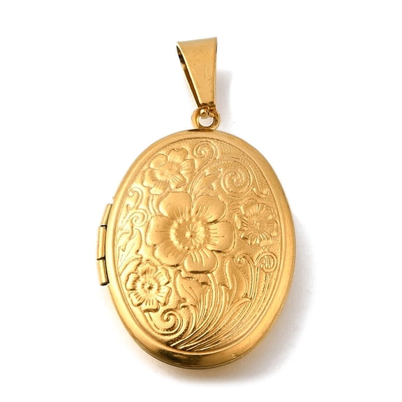 20pcs 316 Stainless Steel Locket Pendants with 201 Stainless Steel Snap on Bails Stainless Steel Photo Frame Ion Plating(IP) Oval with Flower golden