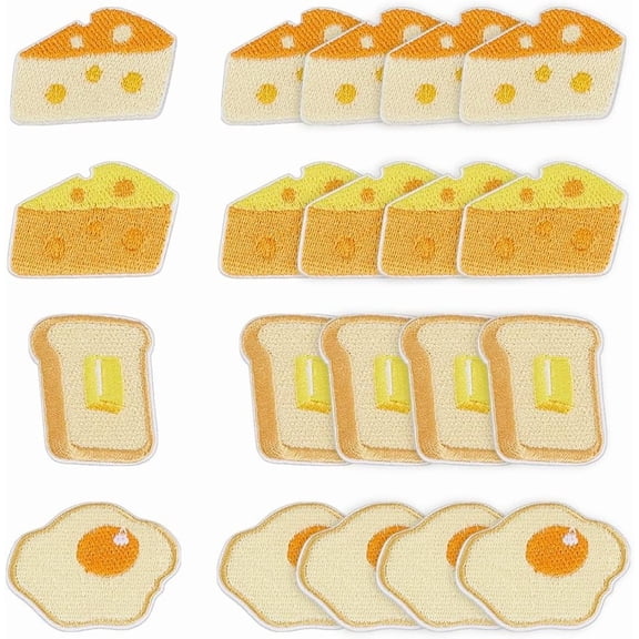 20pcs 4 Styles Yellow Cheese Embroidered Patch Bread Eggs Cooking Sewing on Iron on Applique Fabric Hide Damage Decorating Craft Supply
