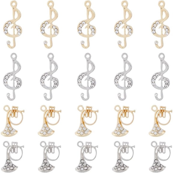 20pcs 4 style Rack Plating Alloy Rhinestone Pendants Cadmium Free & Nickel Free & Lead Free Musical Note & Instruments Charms Platinum & Golden