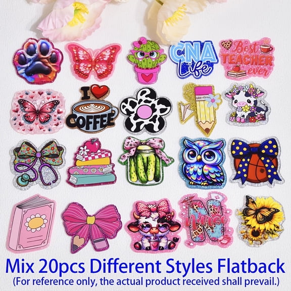 20pcs/40pcs Mix Flatback No Hole Glitter Resin Acrylic Flat Back Charm for Crafts, Badge Reels, Hair Additions