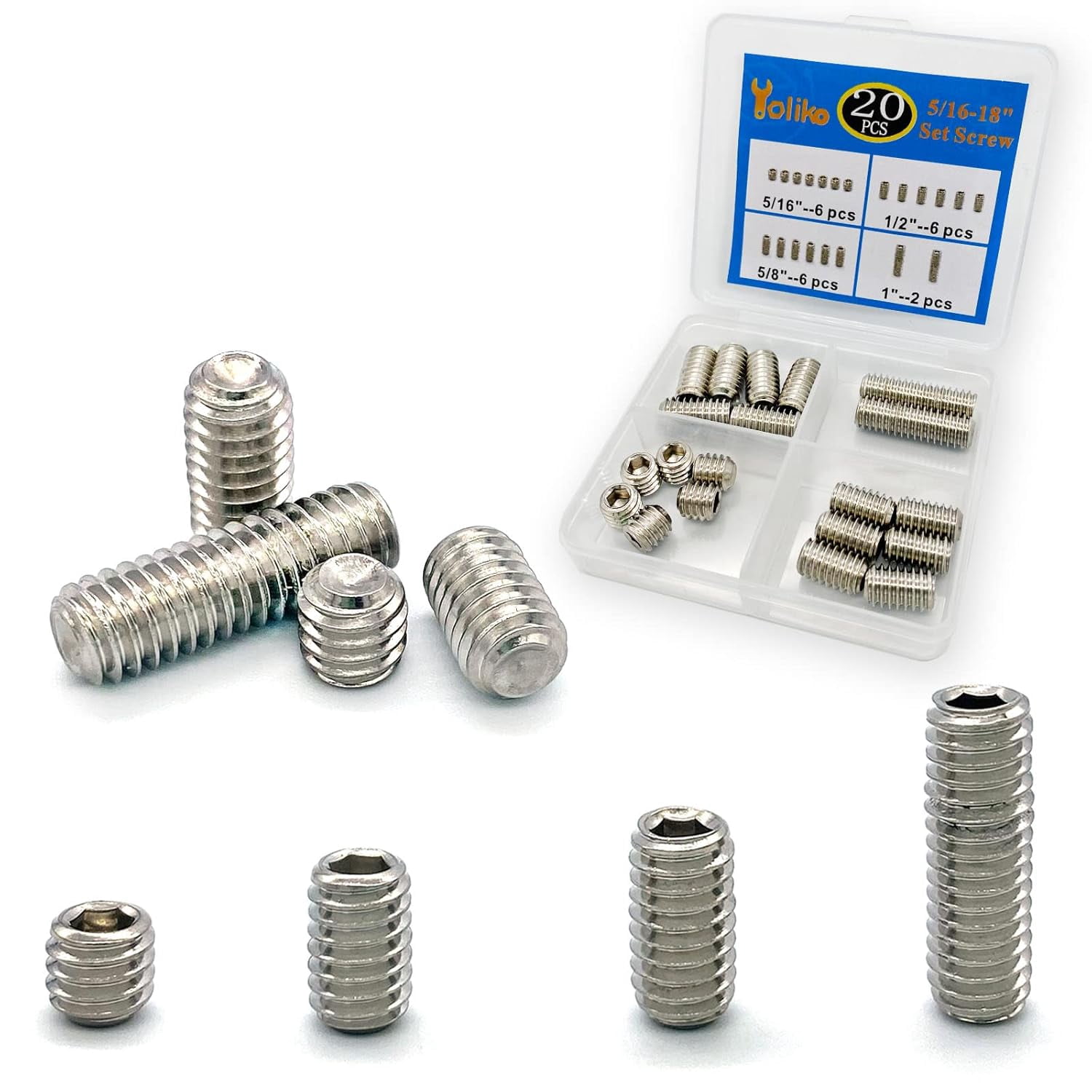 20pcs 5/16-18 Inch 4 Sizes Thread Hex Socket Set Screw Assortment kit ...