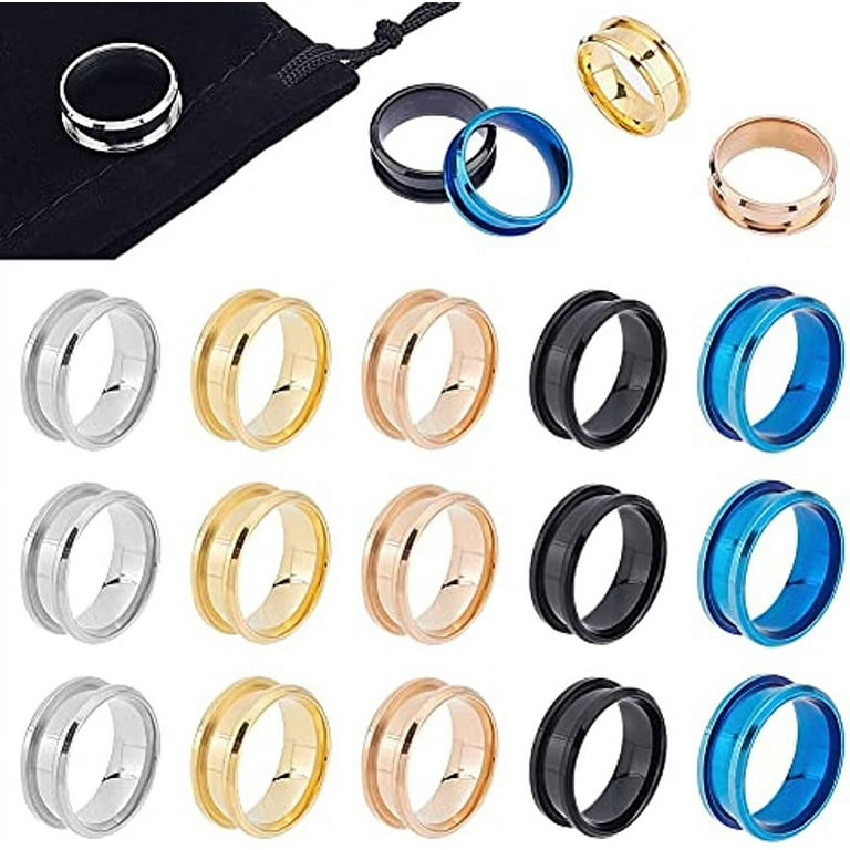 20pcs 5 Colors Blank Core Ring Size 7 Stainless Steel Grooved Finger Ring  for Inlay Round Empty Ring Blanks with Velvet Pouches for Jewelry Making