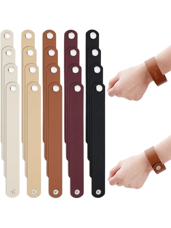 20pcs 5 Colors PU Leather Bracelets 8-3/4 x 1 inch Plain Leather Snap Bracelets Blank Wrist Leather Cuffs Leather Straps with Snaps