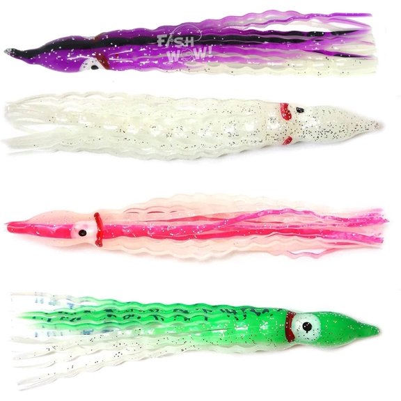 20pcs 5" Glow Squid Skirt 5 inch Crinkle Hoochies 13cm Wavy Octopus Fishing Soft Lure -4 Colors- Glow in The Dark