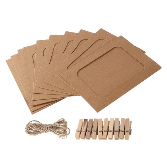 20pcs 5 Inches Paper Photo Frame Retro Kraft Picture Frame Wall Hanging Decorations with String and Clips Black and Craft