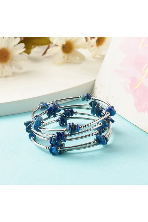 20pcs 5-Loop Natural Lazuli Chip Beaded Wrap Bracelets for Women Steel Memory Wire Bracelet Platinum Inner Diameter: 2-1/8 inch(5.45cm)