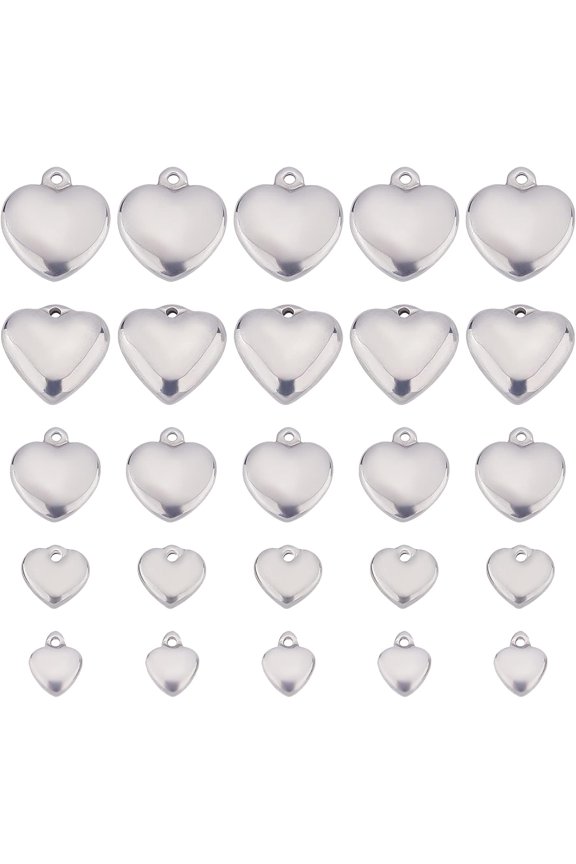 20pcs 5 Sizes Heart Pattern Charms Stainless Steel Pendants Hypoallergenic Heart Charm for DIY Pendants Jewelry Making Stainless Steel Color Gray
