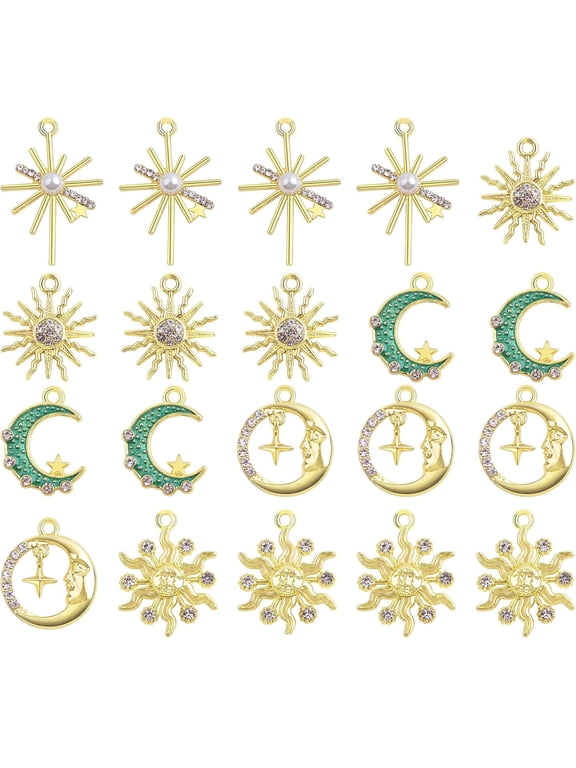 20pcs 5 Styles Plated Enamel Crescent Moon Star Charms with Rhinestone Alloy Crystal Celestial Moon Dangle Pendants for DIY Necklaces Earrings Jewelry Making Decor, KC Golden