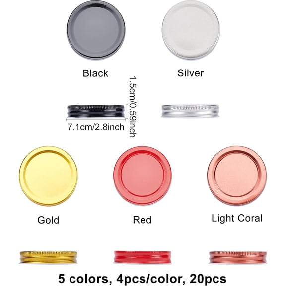 20pcs 5 colors Tinplate Bottle Caps Mason Jar Lids Holder Mason Bottle Lids Food Storage Tinplate Jar Caps(6.8cm/2.7" Inner Diameter)