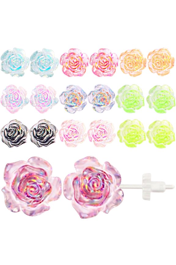 20pcs 8 mm 3D Rose Plastic Stud Earrings Hypoallergenic Transparent Colorful Resin Earring Posts with Clear Safety Backs for Women Sensitive Ears Daily Wear Replacement