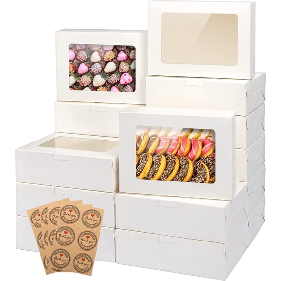 20pcs 8x6x2.5inch White Cookie Boxes with Window & Stickers, Pastry Boxes for Gift Giving, Treat Boxes for Bread, Donuts, Mother's Day, Christmas, Holiday Gatherings