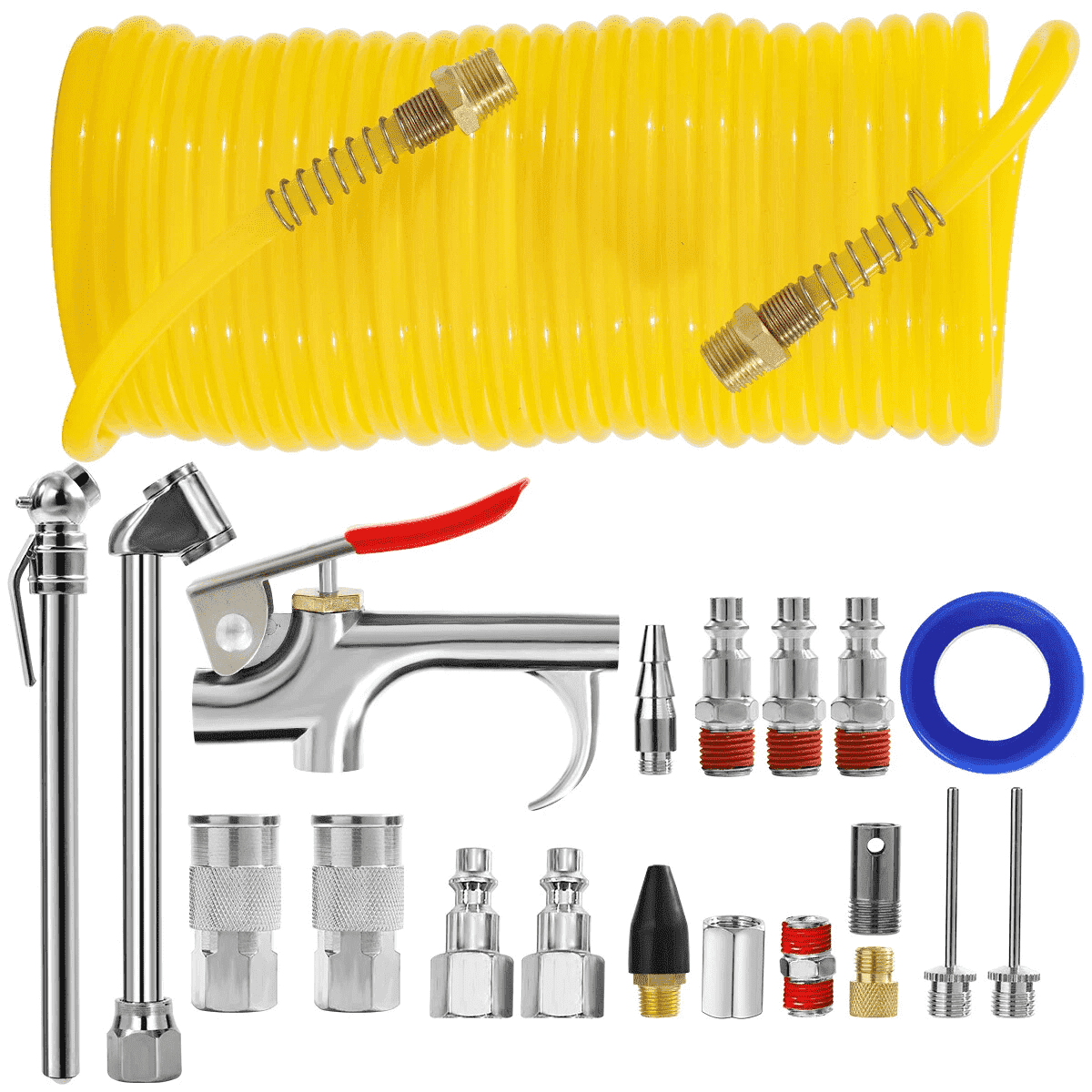 20pcs Air Compressor Accessory Kit 25Ft Recoil Hose Gun Nozzles Set 1/4" NPT New