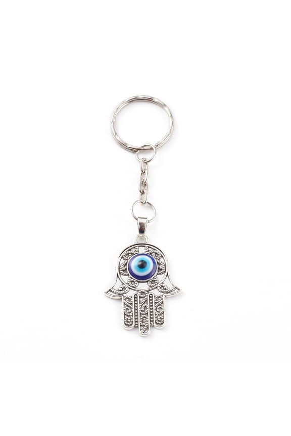 20pcs Alloy Enamel Keychain with Iron Split Key Rings Hamsa Hand with Blue Silver 10.1cm