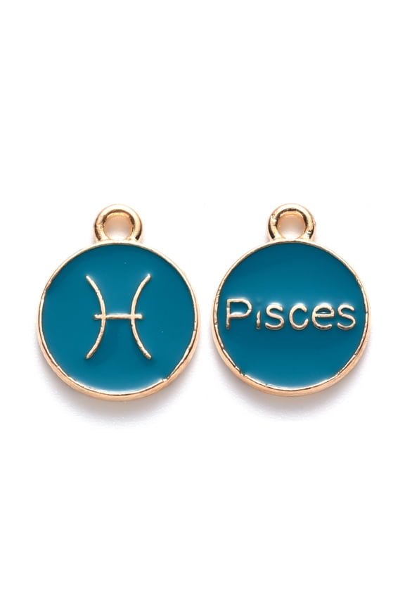 20pcs Alloy Enamel Pendants Cadmium Free & Lead Free Flat Round with Constellation Light golden Dark Cyan Pisces 15x12x2mm Hole: 1.5mm Alloy+Enamel