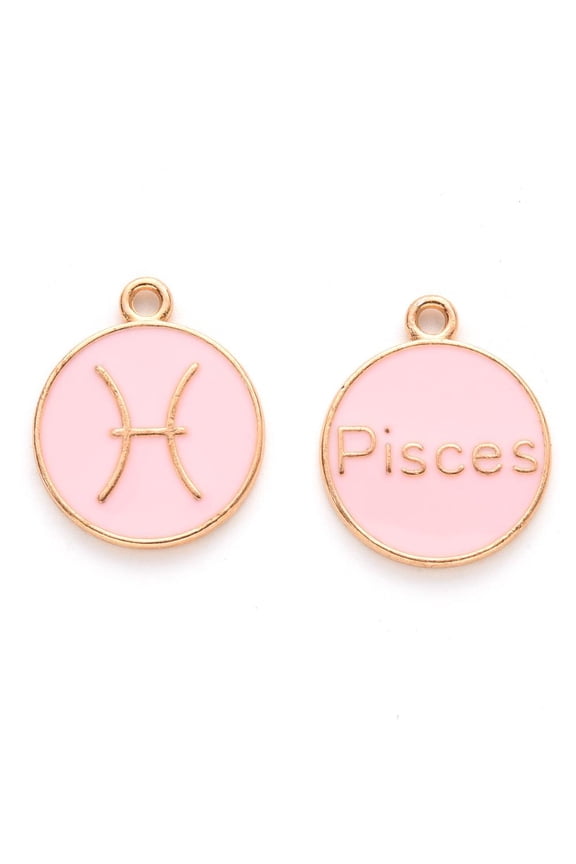 20pcs Alloy Enamel Pendants Cadmium Free & Lead Free Flat Round with Constellation Light golden Pink Pisces 22x18x2mm Hole: 1.5mm