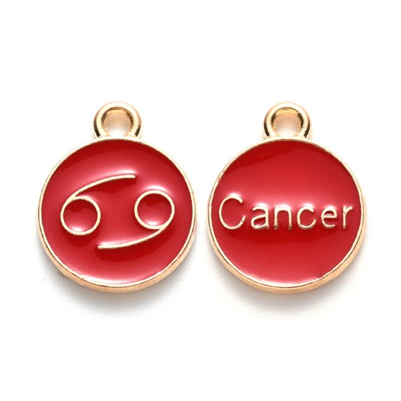 20pcs Alloy Enamel Pendants Cadmium Free & Lead Free Flat Round with Constellation Light golden Red Cancer 22x18x2mm Hole: 1.5mm