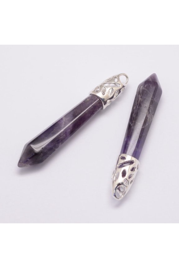 20pcs Amethyst Big Pointed Pendants with Alloy Findings 57~63x13x10mm Hole: 3x4mm