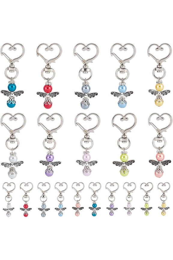 20pcs Angel Keychains Lucky Angel Charms 10 Colors Alloy Swivel Heart Angel Wings with Beads Tibetan Angel Keyrings for Bag Guests Wedding Party Baptism Decor