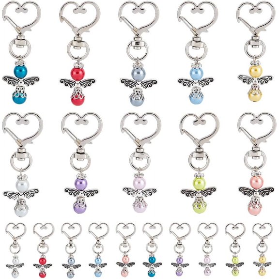 20pcs Angel Keychains Lucky Angel Charms 10 Colors Alloy Swivel Heart Angel Wings with Beads Tibetan Angel Keyrings