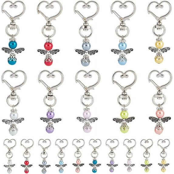 20pcs Angel Keychains Lucky Angel Charms 10 Colors Alloy Swivel Heart Angel Wings with Beads Tibetan Angel Keyrings