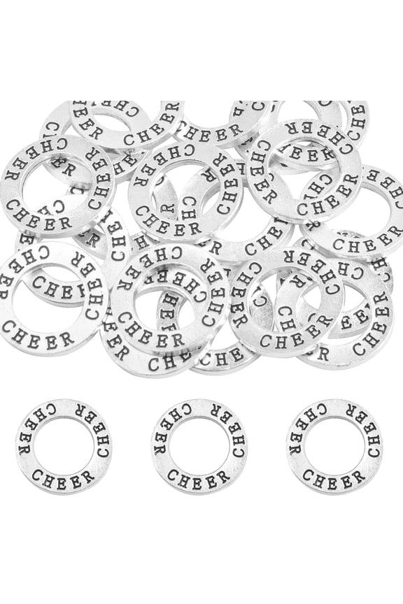 20pcs Antique Silver Circle Cheer Charms Connectors Alloy Round Rings Engraved Word Letters Cheer Stamped Pendants for DIY Necklace Bracelet Jewelry Making Cheering Gift