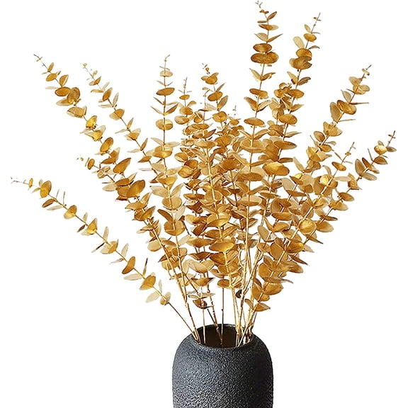 20pcs Artificial Gold Eucalyptus Stems Faux Eucalyptus Branches Plastic Golden Plants Fall Decor for Home Office Wedding Party Farmhouse Floral Arrangement