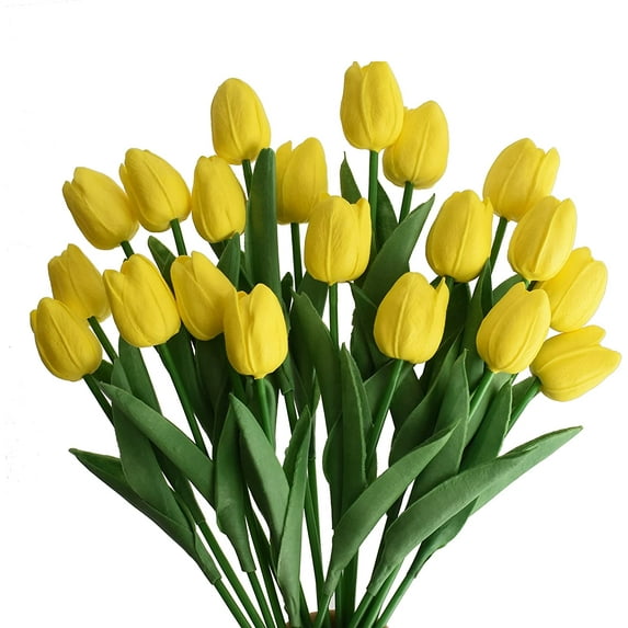 20pcs Artificial Tulips Flowers Fake Faux PU Tulip Bouquet Real Touch Flower Arrangement for Home Room Office Party Wedding Decoration Excellent Gift Idea for Mothers Day (Yellow)
