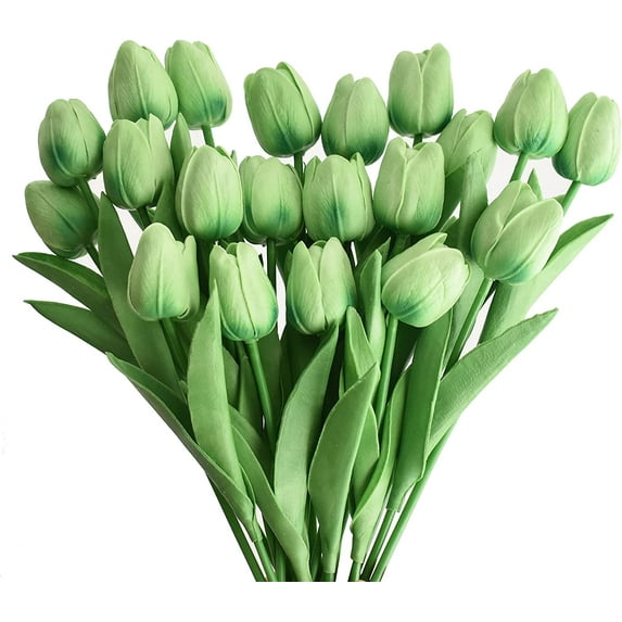 20pcs Artificial Tulips Flowers Fake Faux PU Tulip Bouquet Real Touch Flower Arrangement for Home Room Office Party Wedding Decoration Excellent Gift Idea for Mothers Day (Gradient Green)