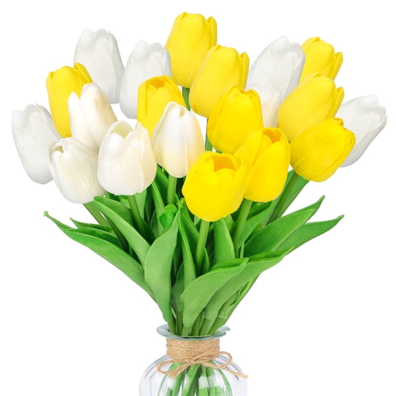 20pcs Artificial Tulips Flowers, White & Yellow Fake Tulip Floral Arrangement Bouquet for Room Office Wedding Party