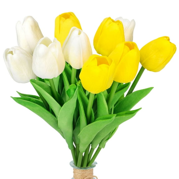 20pcs Artificial Tulips Flowers, White & Yellow Fake Tulip Floral Arrangement Bouquet for Room Office Wedding Party