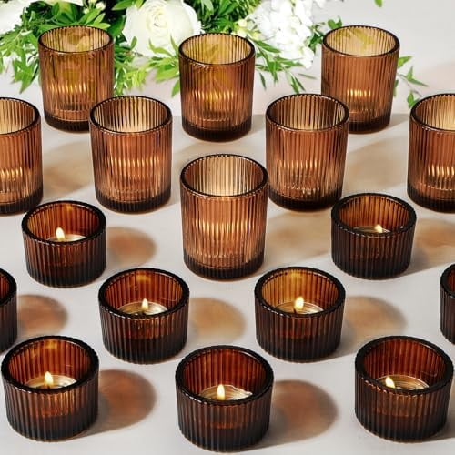20pcs Assorted Votive Candle Holders for Tea Light Candles, Amber Glass Tea Light Candle Holders Set, Decorative Ribbed Tealight Holder for Wedding Table Decor, Dining Room,
