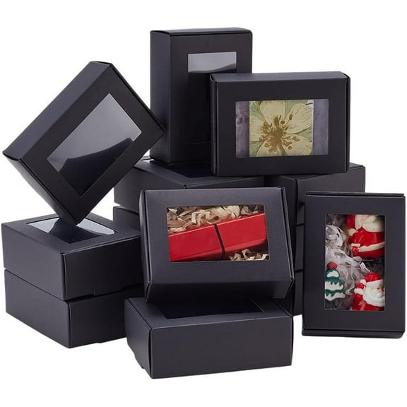 20pcs Black Gift Box Small Paper Boxes Mini Candy Box with Window Sweet Boxes Cardboard Box Treat Box Kraft Boxes for Party Favor Wedding Jewelry 3.3x2.3x1.1 Inch