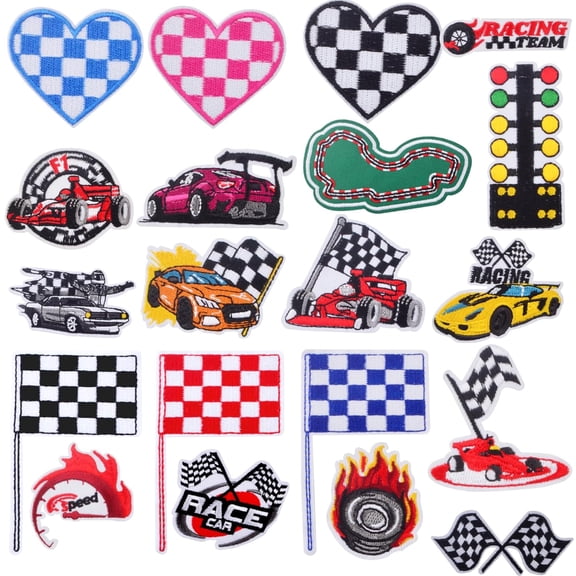20pcs Black White Checkered Square F1 Racing Patches Cycle Race Car Heart Flag Checker Iron on Embroidery Patch Tactical for Clothing Jeans Jacket Backpack Hat Crafts Decor