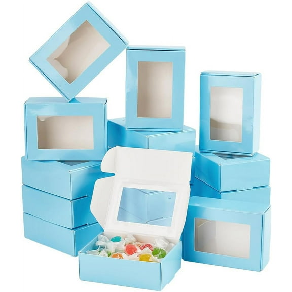 20pcs Blue Cookie Box with Window 3.4x2.4x1.2 Inch Treat Box Kraft Paper Treat Box Pastry Box Donut Box Individual DIY