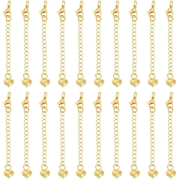 20pcs Brass Curb Chain Extender End Chains with Lobster Claw Clasps and Heart Chain Tabs Long-Lasting Plated Real 18K golden Plated 65x3mm Hole: 2.5mm