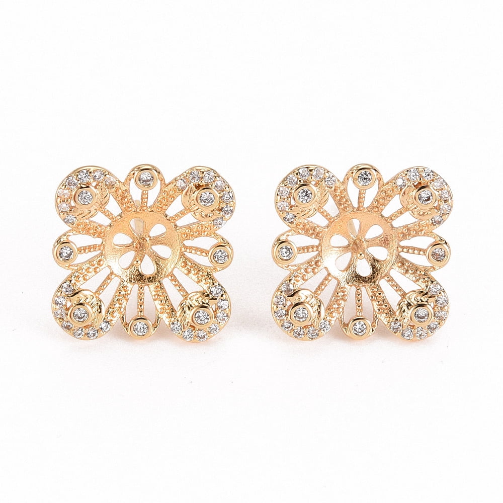 20pcs Brass Micro Pave Clear Cubic Zirconia Stud Earring Findings for Half Drilled Bead Nickel Free Flower golden 14.5x14.5mm Pin: 0.7mm Pin: 0.8mm(for Half Drilled Bead)