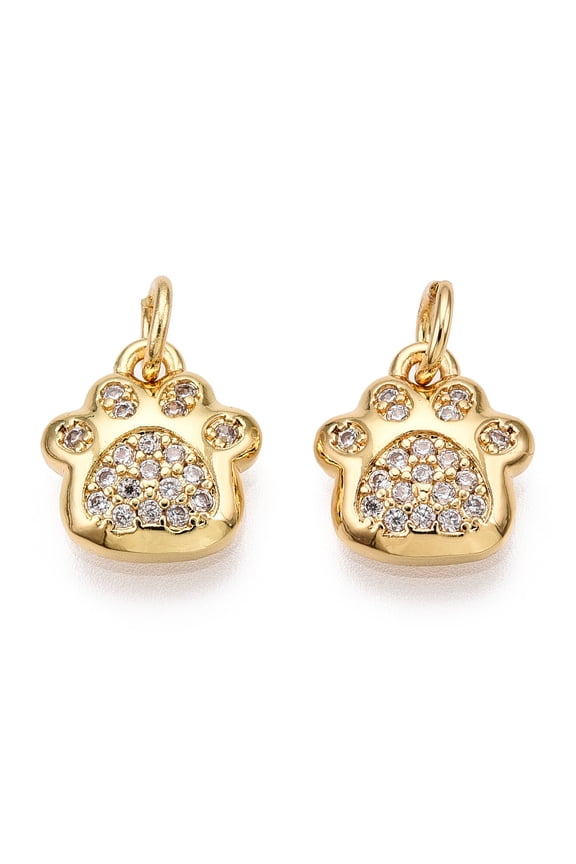 20pcs Brass Micro Pave Clear Cubic Zirconia with Jump Rings Nickel Free Dog Paw Prints golden 10.5x10x2.5mm Hole: 3mm