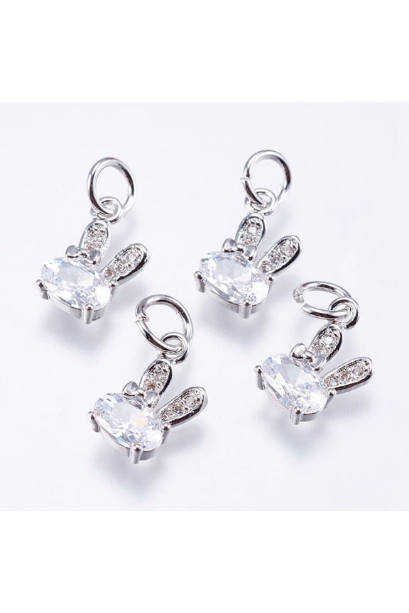 20pcs Brass Micro Pave Cubic Zirconia Bunny Charms Cadmium Free & Lead Free Rabbit Real Platinum Plated 12x6x2.5mm Hole: 3mm