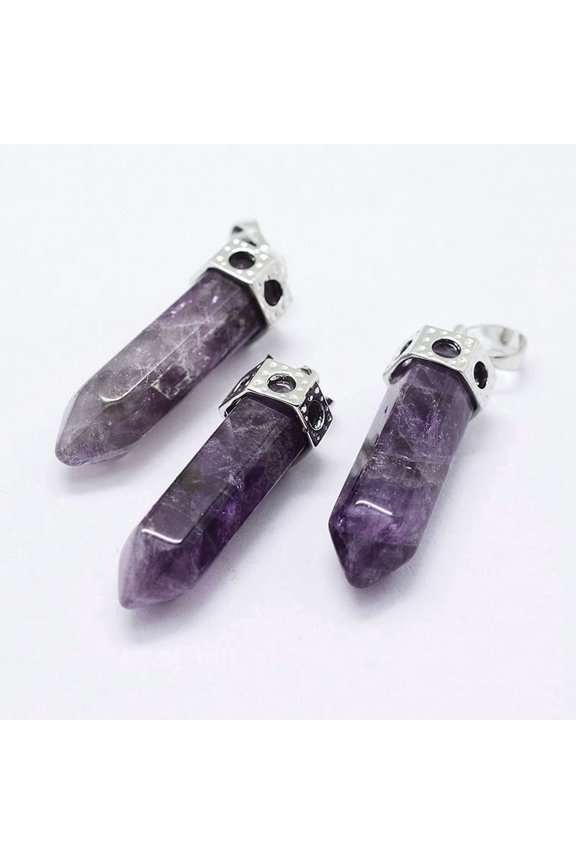20pcs Bullet Brass Gemstone Pointed Pendants Platinum Amethyst 44mm Hole: 5x8mm