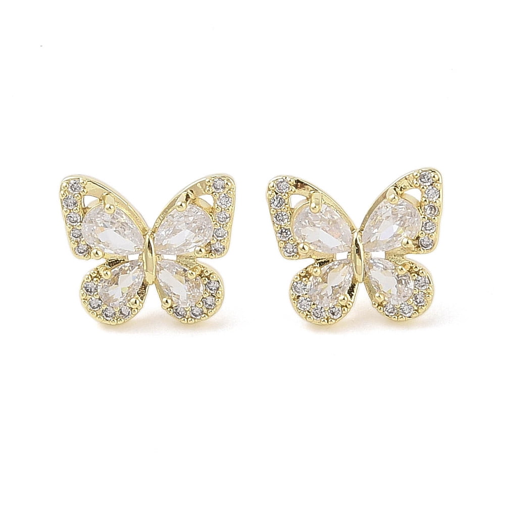 20pcs Butterfly Brass Micro Pave Clear Cubic Zirconia Stud Earrings with Glass for Women golden 13x15mm