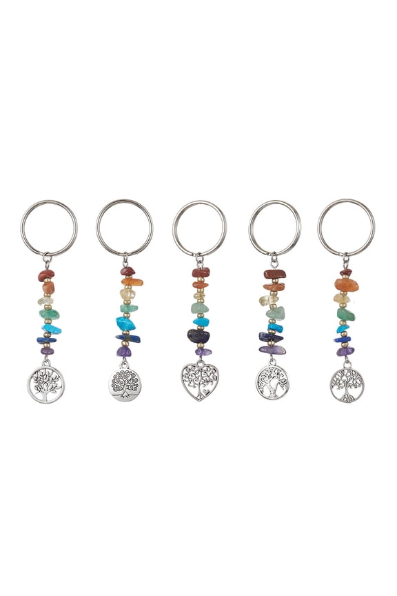 20pcs Chakra Chips Keychains Alloy Flat Round/Heart with Tree of Life Keychains Antique Silver 8.5cm
