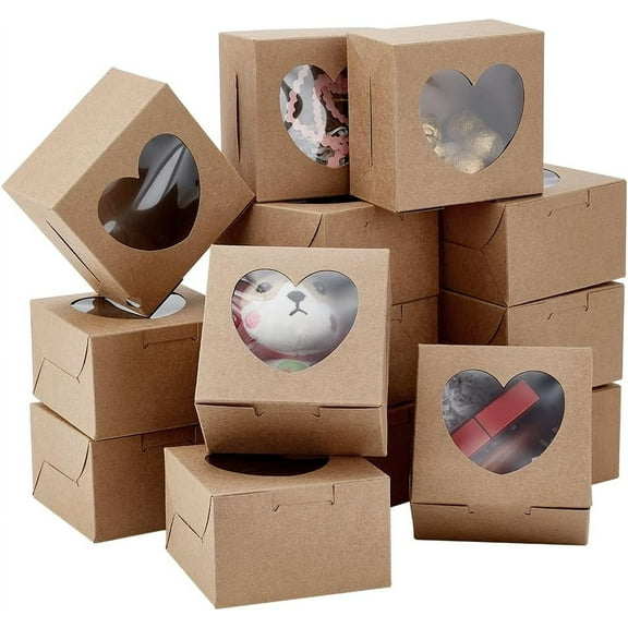 20pcs Christmas Gift Box with Heart Clear Window 3.9x3.9x2.5'' Soap Box Square Kraft Paper Box Treat Bakery Boxes for Christmas Wedding Party Favor Halloween Valentine's Day