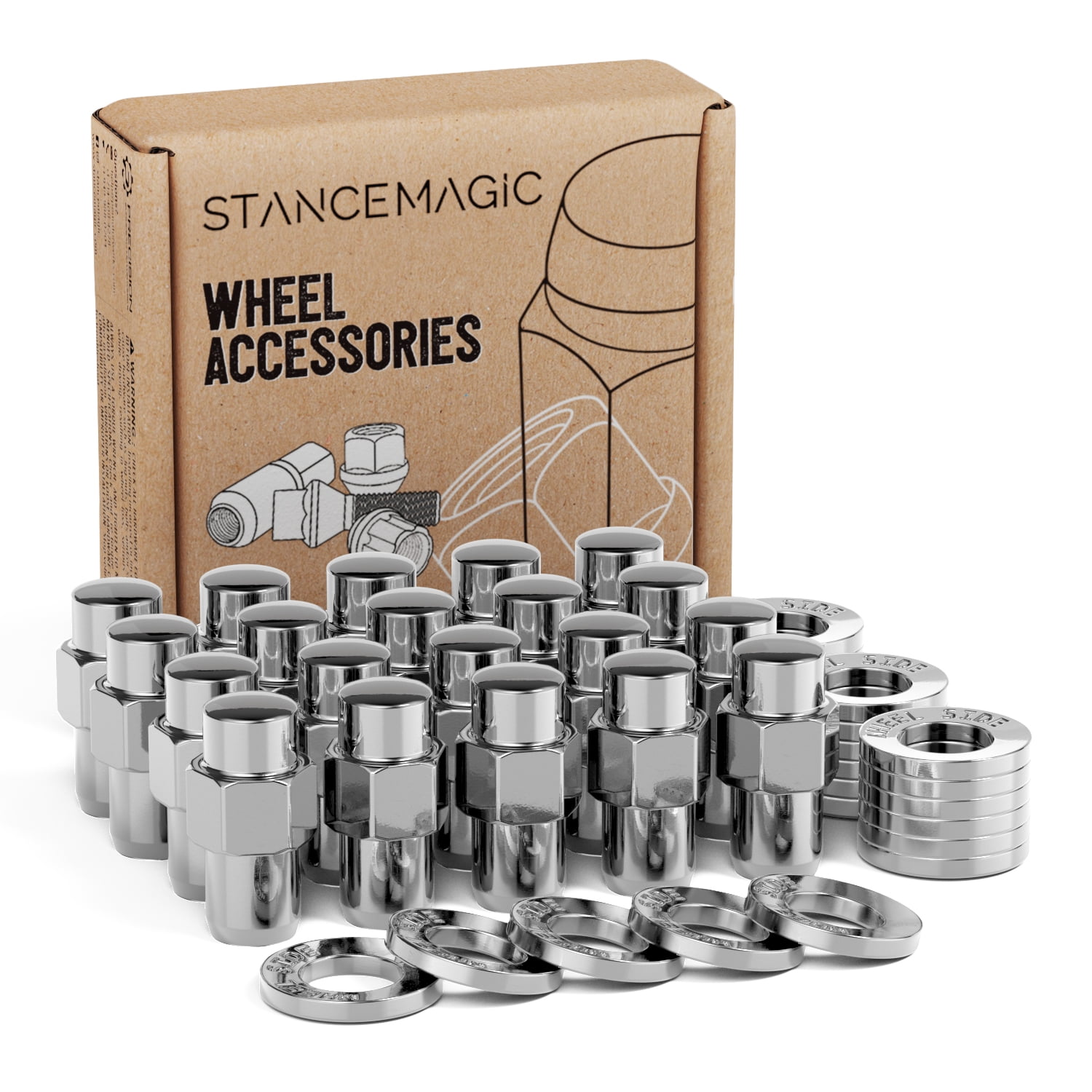 20pcs Chrome Cragar Mag Lug Nuts with Washer, 7/16x20 RH, 0.71in Shank Length, 1.73in Total Length, 21mm or 13/16 Hex - Compatible with Buick Chevy Pontiac (See Listing for Exact Year Model)