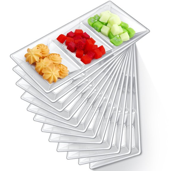 20pcs Clear 3 Section Serving Tray Bulk Serving Dish Compartment Appetizer Tray Plastic Dessert Platter Divided Disposable Plate for a Tini Bit Older Party