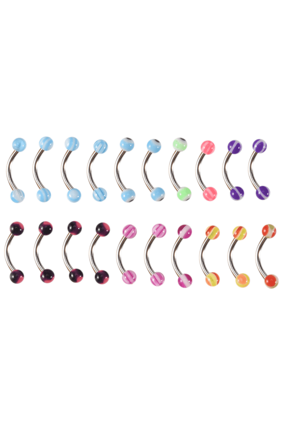 20pcs Colorful Stainless Steel Ball Barbell Curved Eyebrow Rings Bars Tragus Piercing