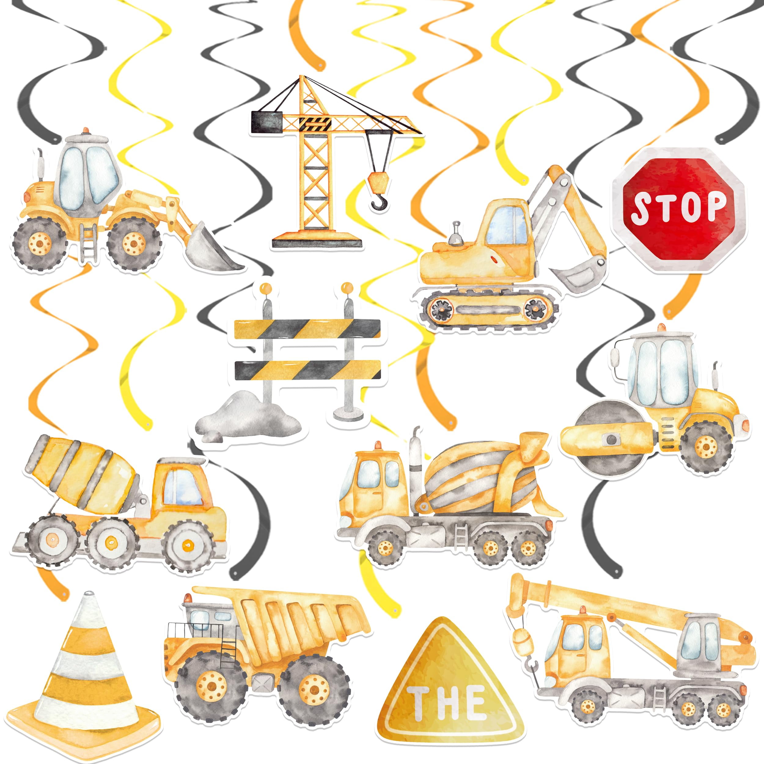 Construction Zone Birthday Decorations - 5 Piece Hanging Whirls Set